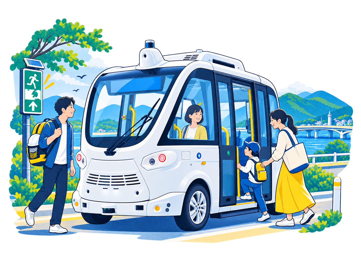 自動運転バスを中心に、地域で暮らす人々を描いたイラスト