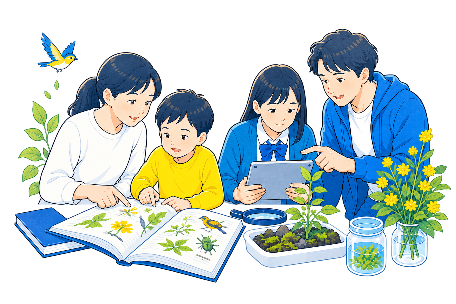 家族や子どもたちが本やタブレットを使って一緒に学ぶイラスト