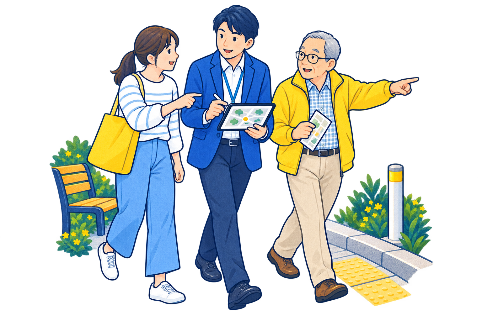 地域を歩きながら住民の話を聞き、現場を確認するイラスト