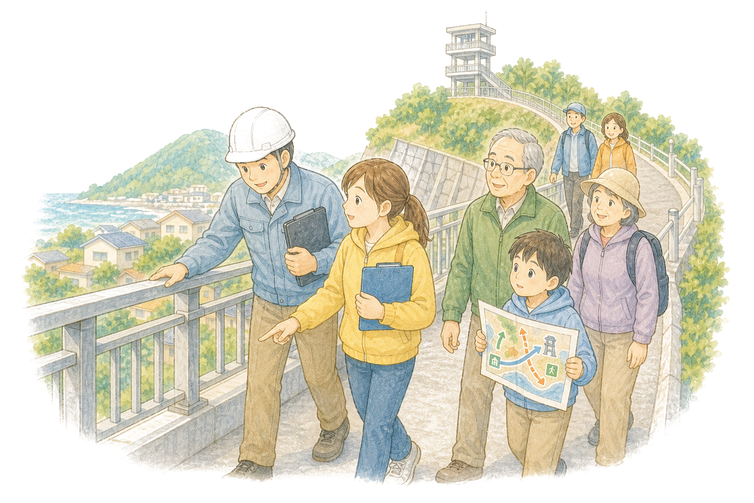 住民と専門職が津波避難路や橋梁を点検するイラスト