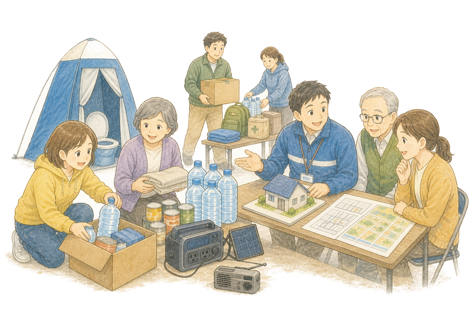 住民が避難所の備蓄や通信手段と事前復興を確認するイラスト