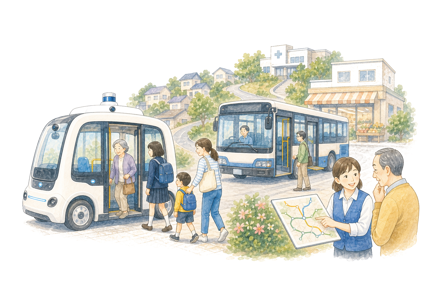 路線バスと自動運転シャトルで地域の移動を支えるイラスト