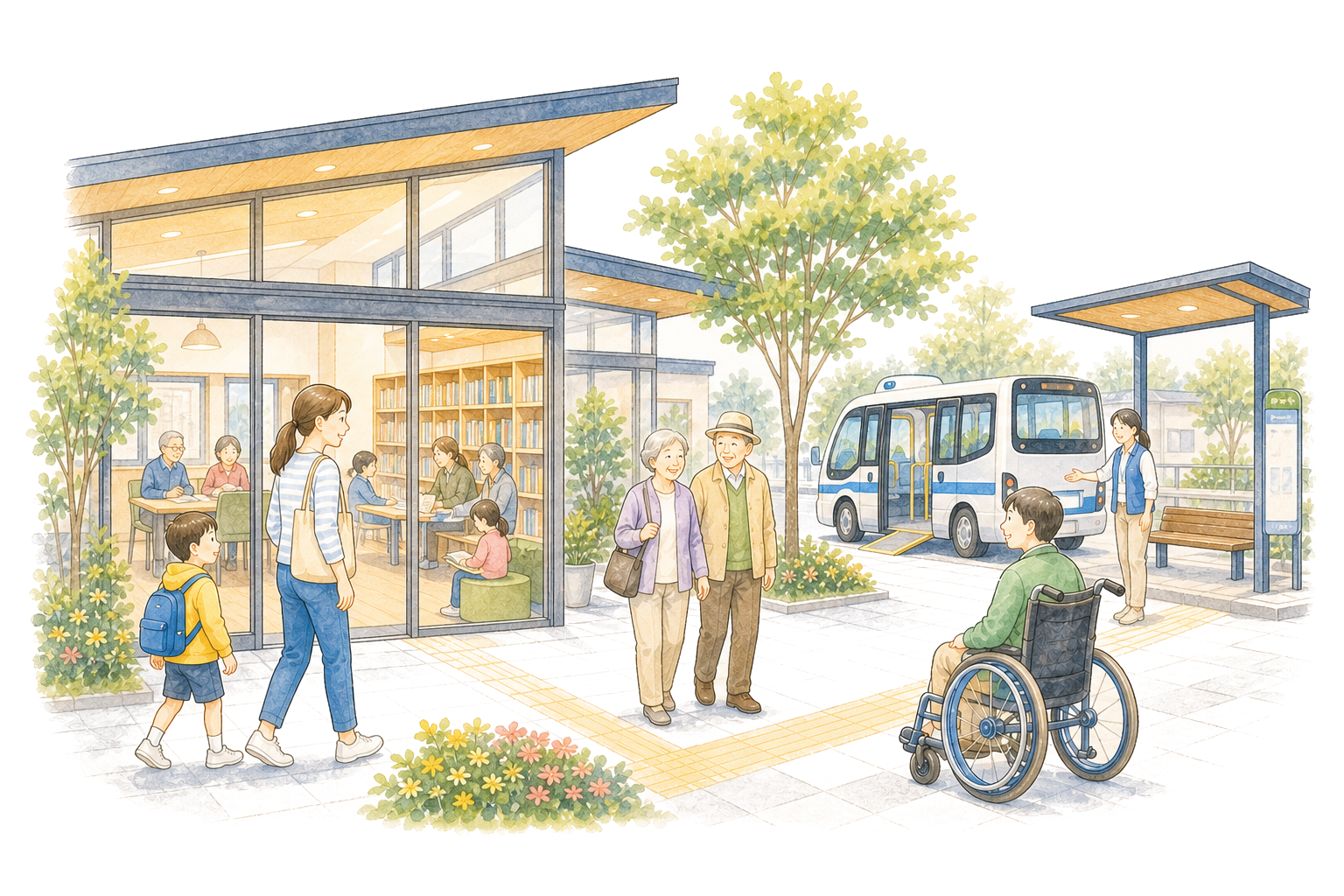 公共施設と交通を結び、多世代が利用する地域拠点のイラスト