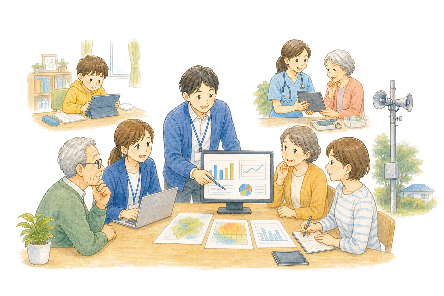 AIとデータを教育、健康、防災に役立てる市民と職員のイラスト