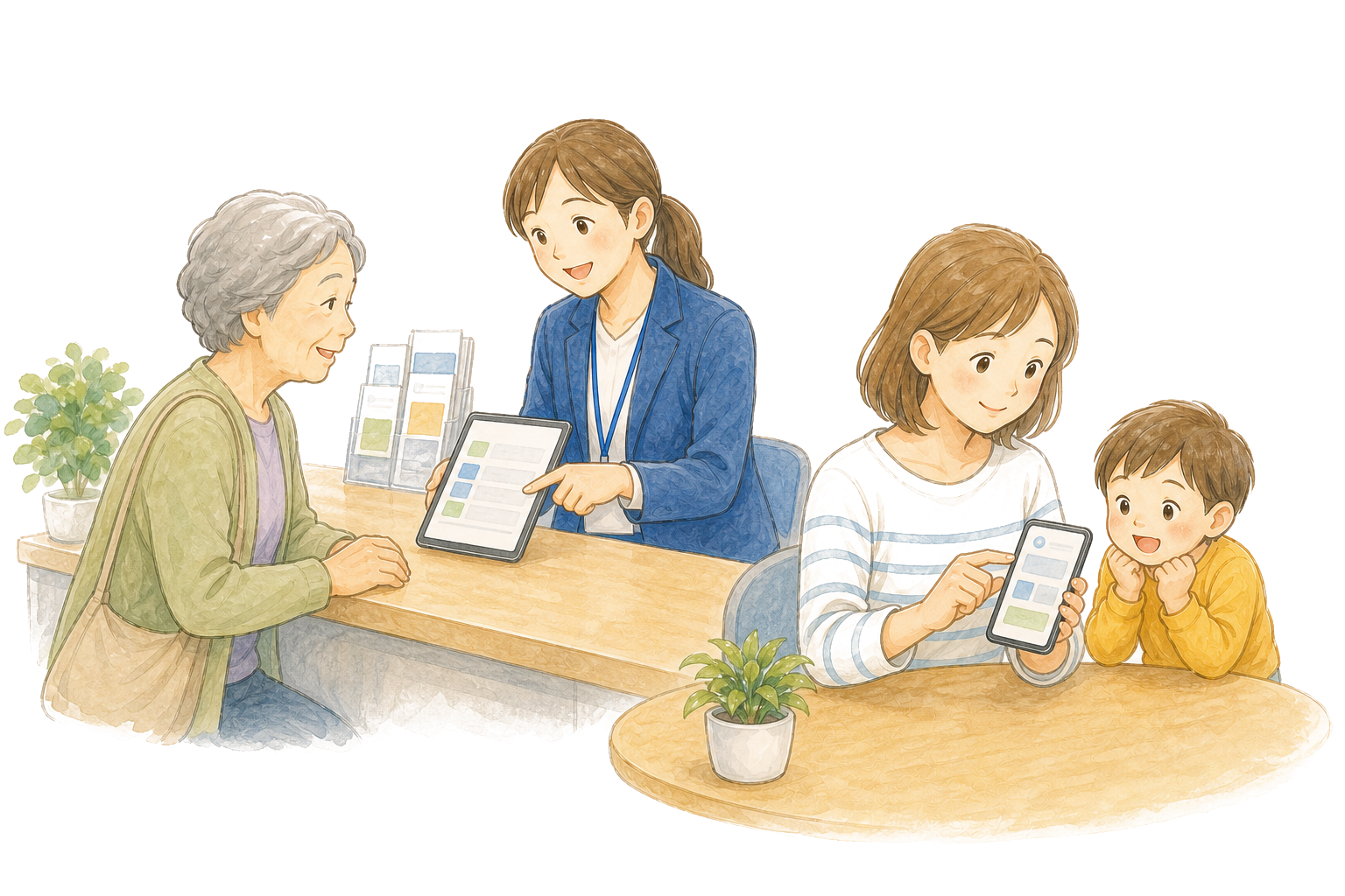 オンライン手続きと対面窓口を利用する住民のイラスト