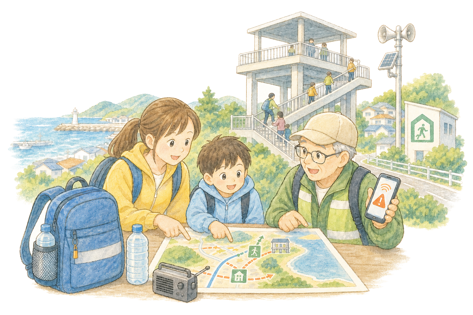 防災用品を確認し、避難場所と避難経路を話し合う住民のイラスト