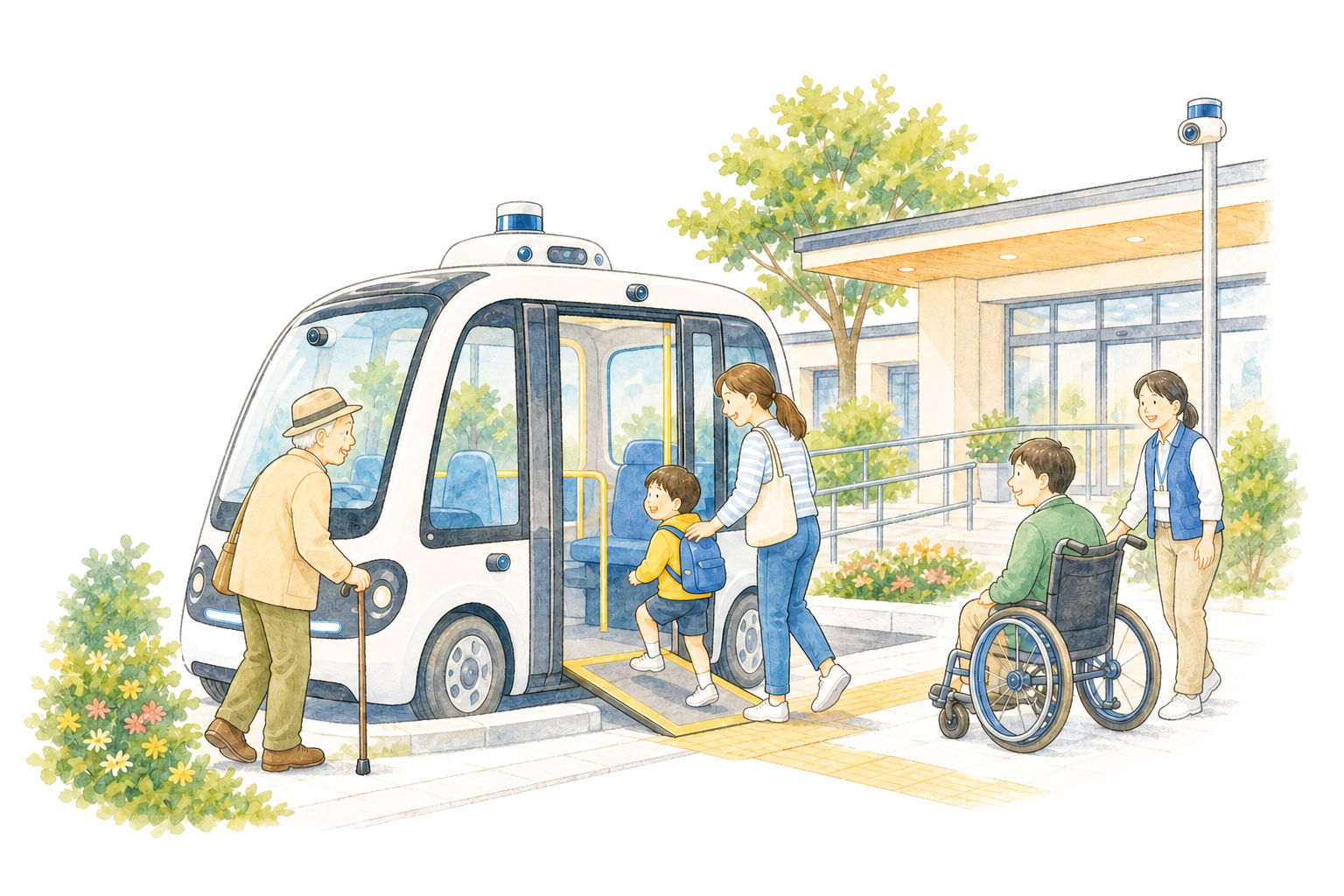 自動運転の小型シャトルを利用する住民とバリアフリー施設のイラスト