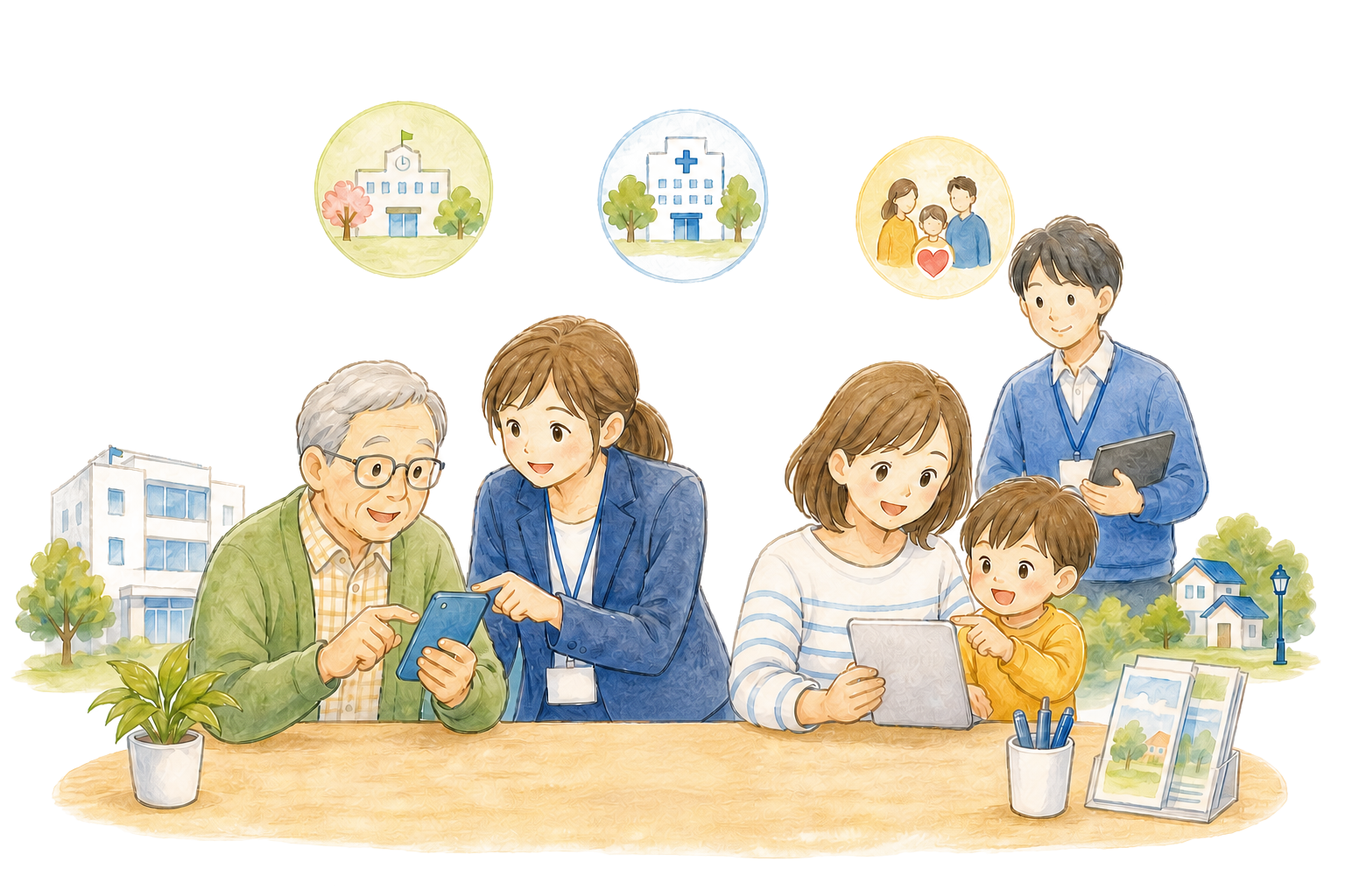 窓口とデジタル端末を利用する住民と職員のイラスト
